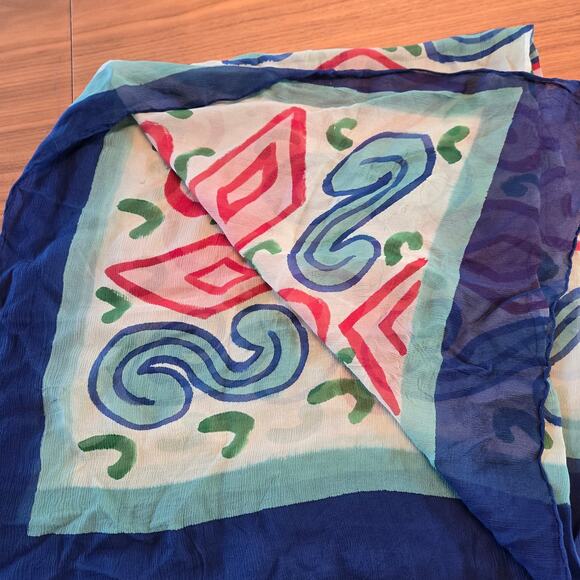 Silk Square Scarf Bordered Blue Pink Geometric 25 x 25 wearable art abstract - Picture 5 of 5